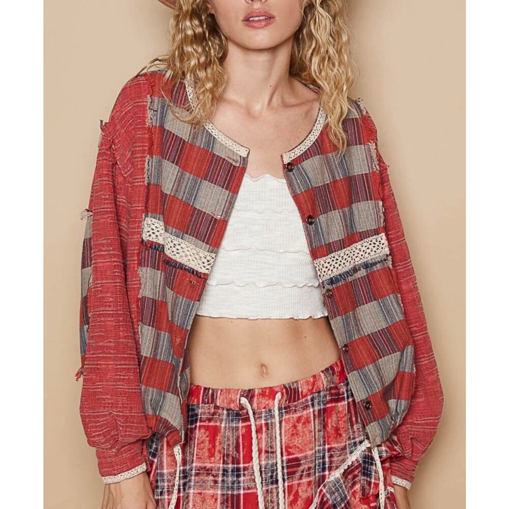 POL Boho Plaid Button Front Top Small Red Crochet Trim Raw Edge Crop Shacket